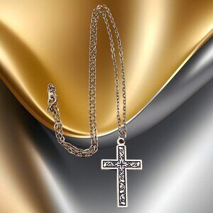 Silver-Tone Ornate Cross Necklace with Decorative Inlay, 18”